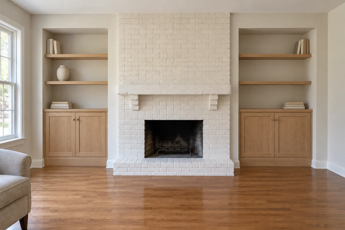 The same room with light oak built-ins in both alcoves beside the fireplace, floating oak shelves above holding a few books and one ceramic vase