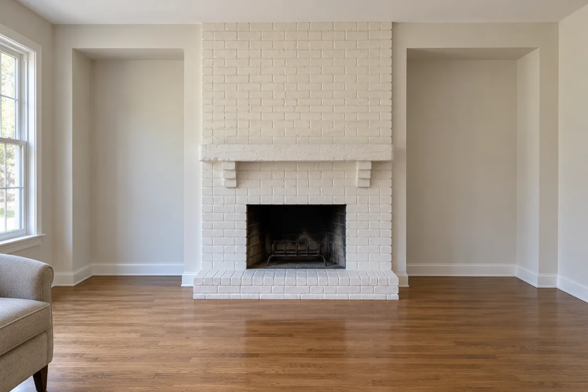 Living room with a painted white brick fireplace between two empty drywall alcoves, oak floor and the arm of a grey chair