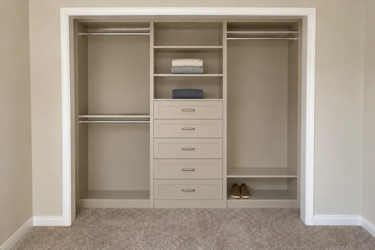 The same closet fitted with a greige built-in system: hanging rods on both sides, a centre stack of five drawers, shelves with folded sweaters, and a pair of shoes