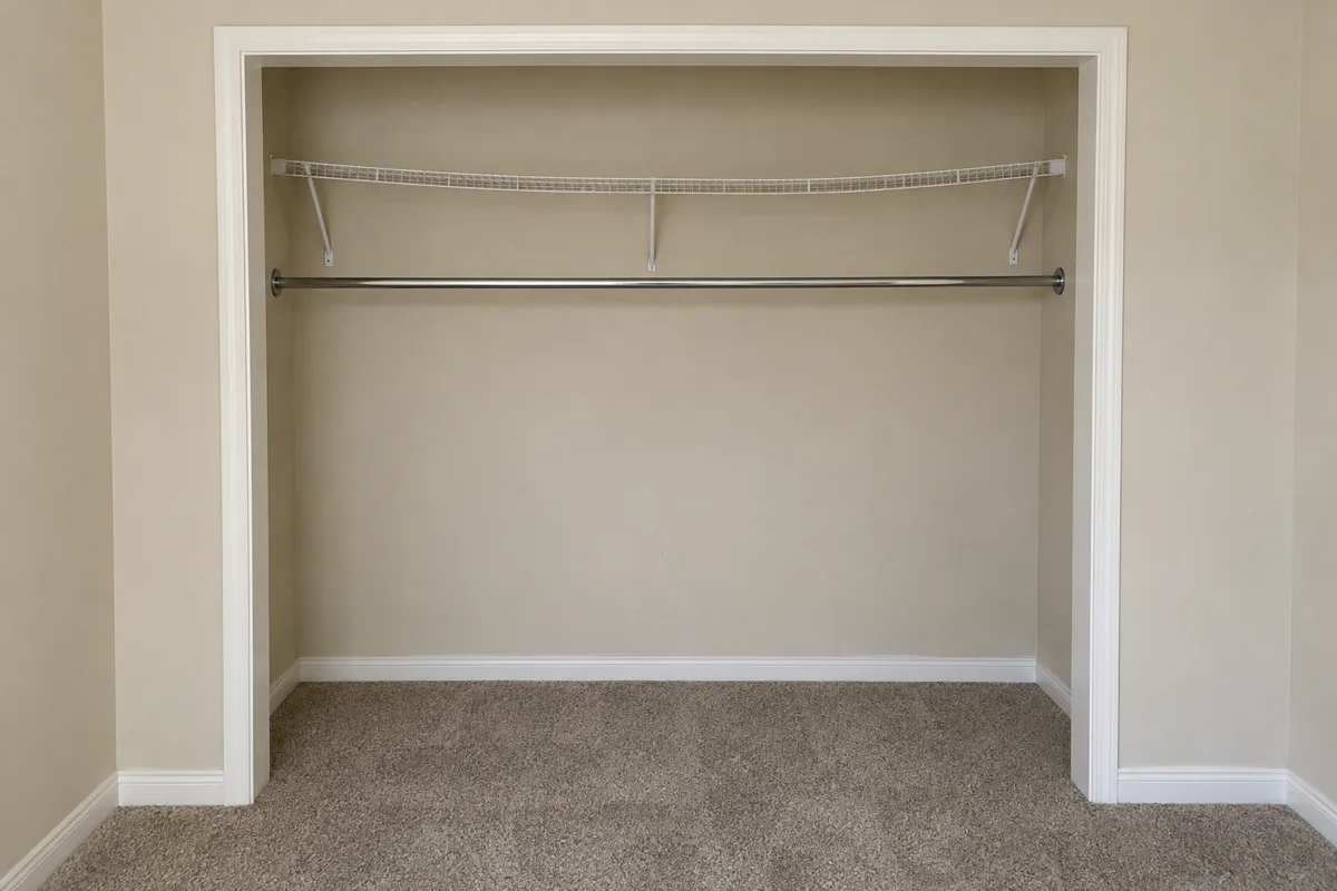 Empty reach-in closet with beige walls, carpet, one white wire shelf and a single chrome hanging rod