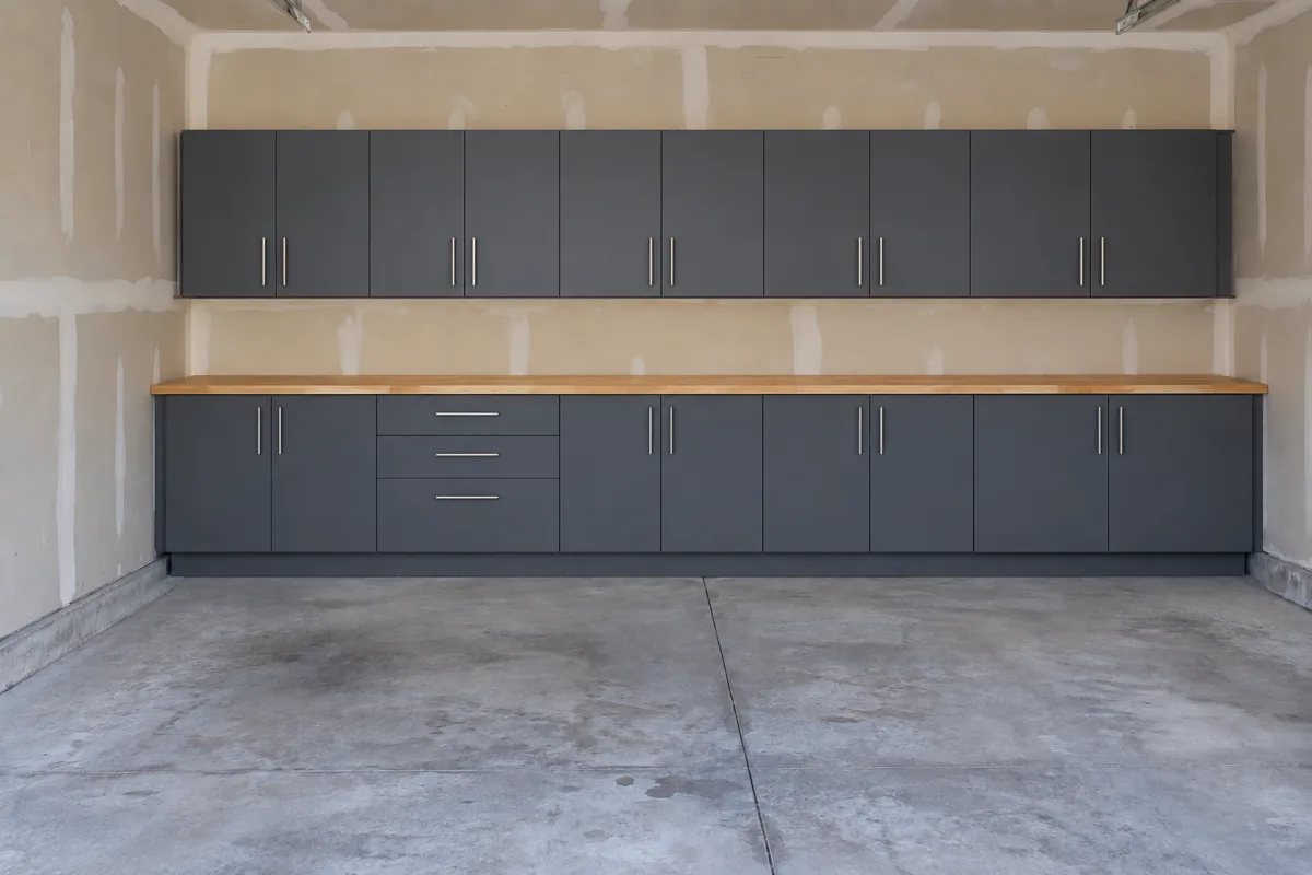 The same garage wall with a full run of slate grey flat-panel base and wall units under a butcher block work surface, floor clear