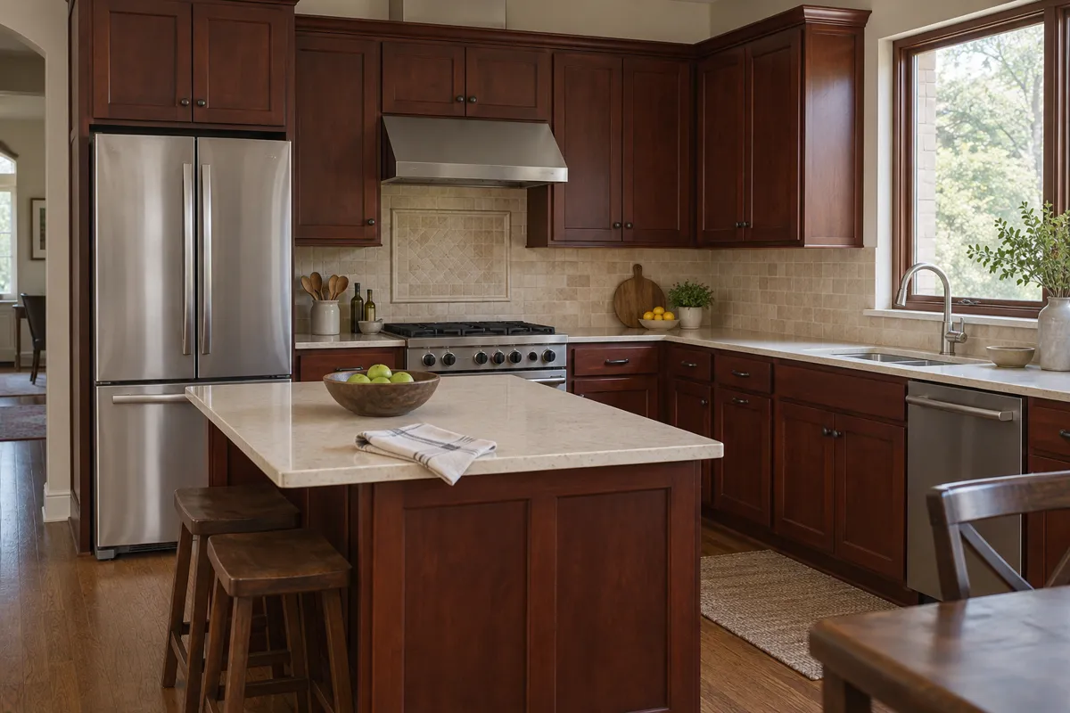 Kitchen with dark cherry stained shaker doors and a cherry island