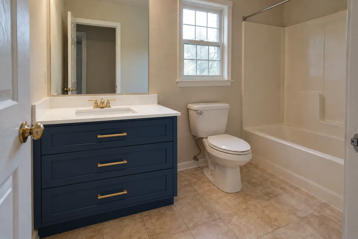 The same bathroom with a navy shaker vanity with three drawers, brass bar pulls and a white quartz top with an undermount sink