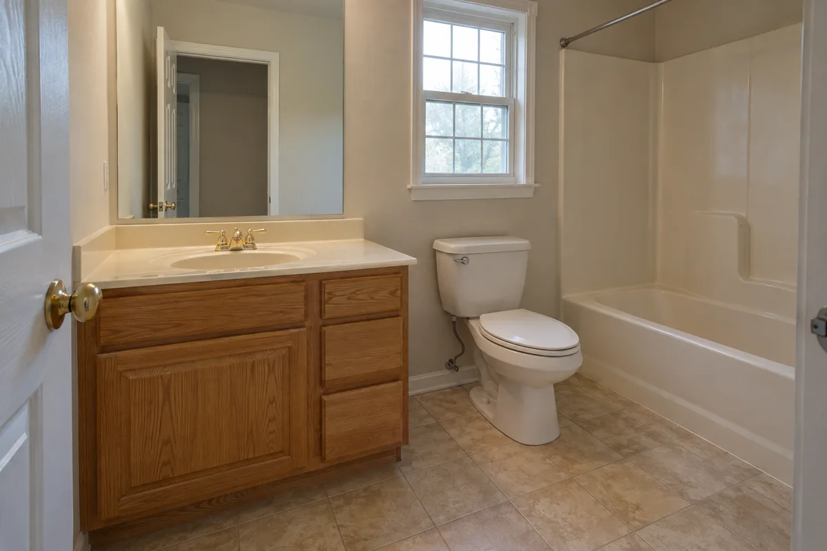 Hall bathroom with a honey oak vanity, cultured marble top with an integrated sink and a brass faucet, beside a toilet and tub