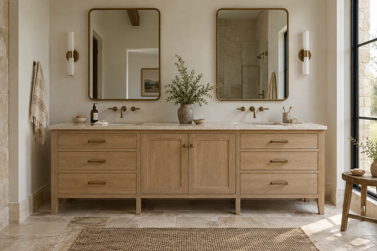 White oak double bathroom vanity with drawer banks, two round-cornered mirrors and wall sconces