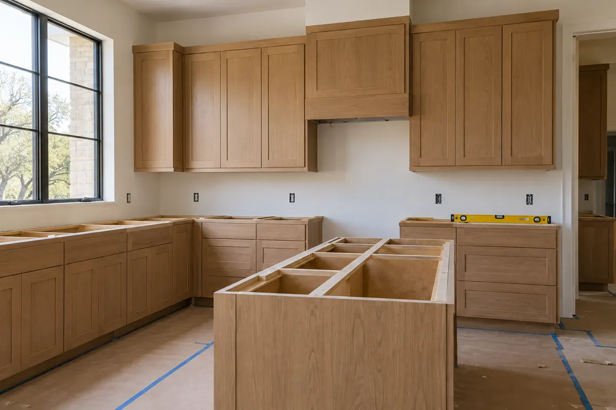 Kitchen during installation: new light oak base and wall cabinets set and leveled, countertops not yet fitted