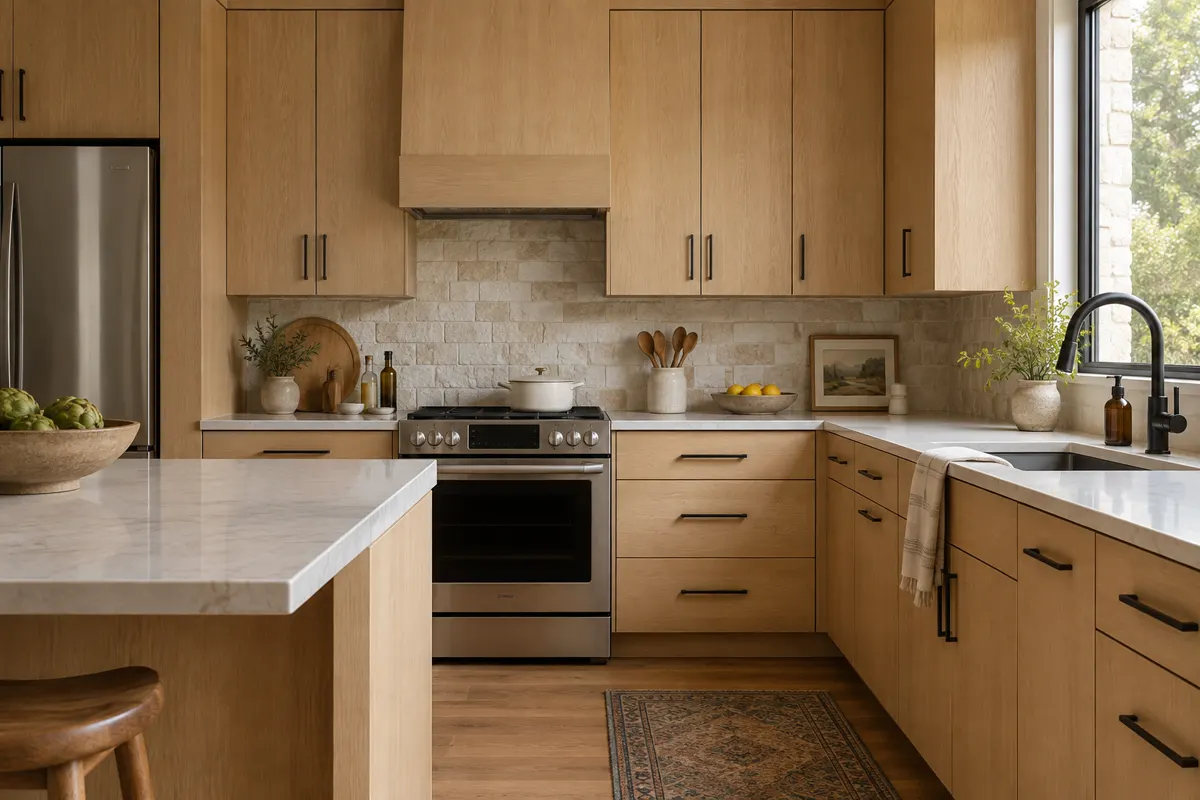 Kitchen with refaced cabinets in flat-panel light oak with slim black pulls