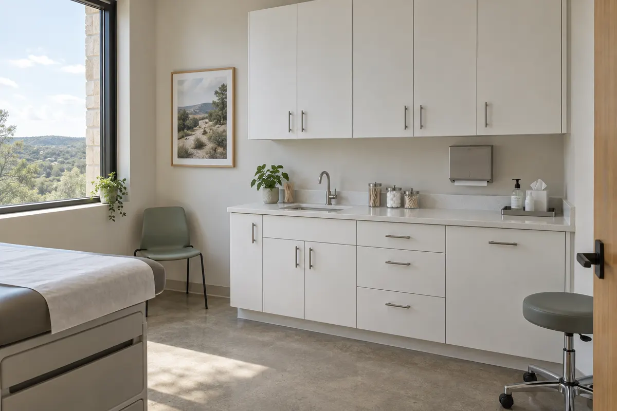 Clinic exam room casework: white base and wall cabinets with a sink, beside an exam table