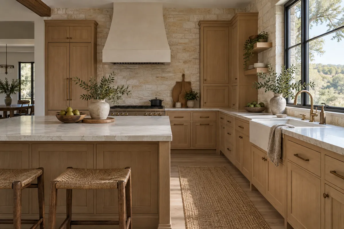 White oak kitchen with tall pantry cabinets, a long island and a plaster range hood against a limestone wall
