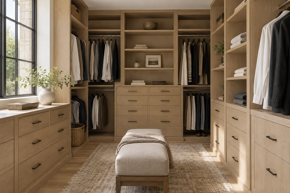 Walk-in closet with white oak cabinetry, stacked drawers, double hanging rods and an upholstered bench