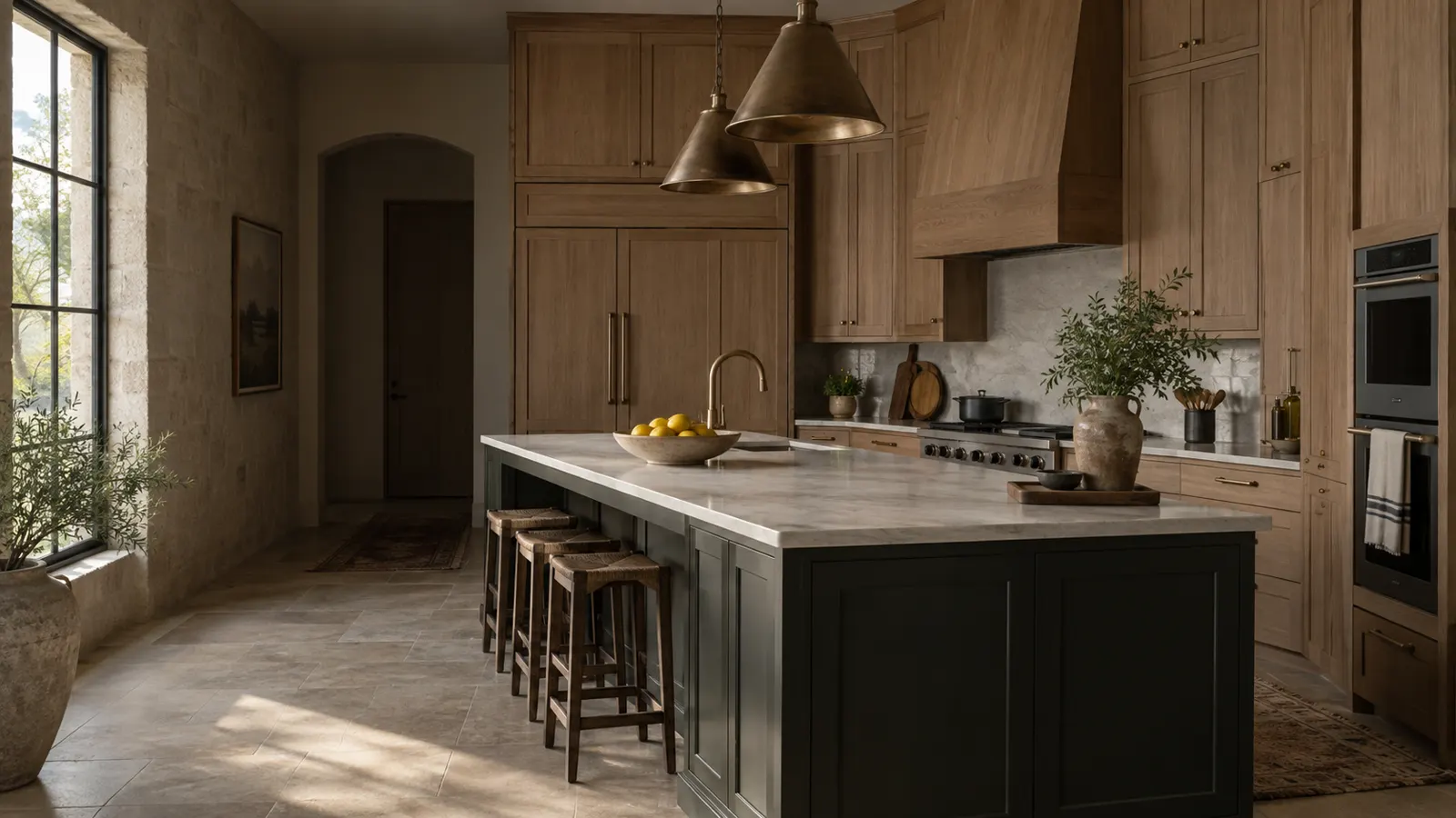Kitchen with rift white oak cabinets to the ceiling, a wood range hood, and a dark green painted island under brass pendant lights