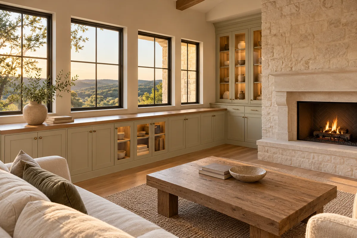 Sage green shaker base cabinets with a wood top and lit glass-front sections along a window wall, beside a glass-door hutch and a limestone fireplace