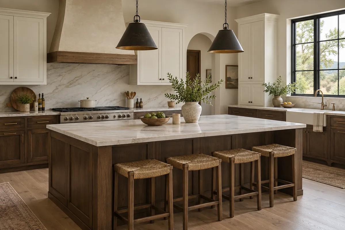 Kitchen with cream painted upper cabinets, a dark stained wood island under black pendants and a plaster range hood