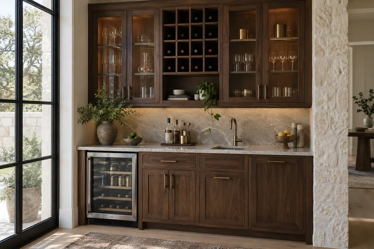 Home wet bar with dark walnut cabinets, glass-front uppers, wine cubbies and an under-counter wine fridge